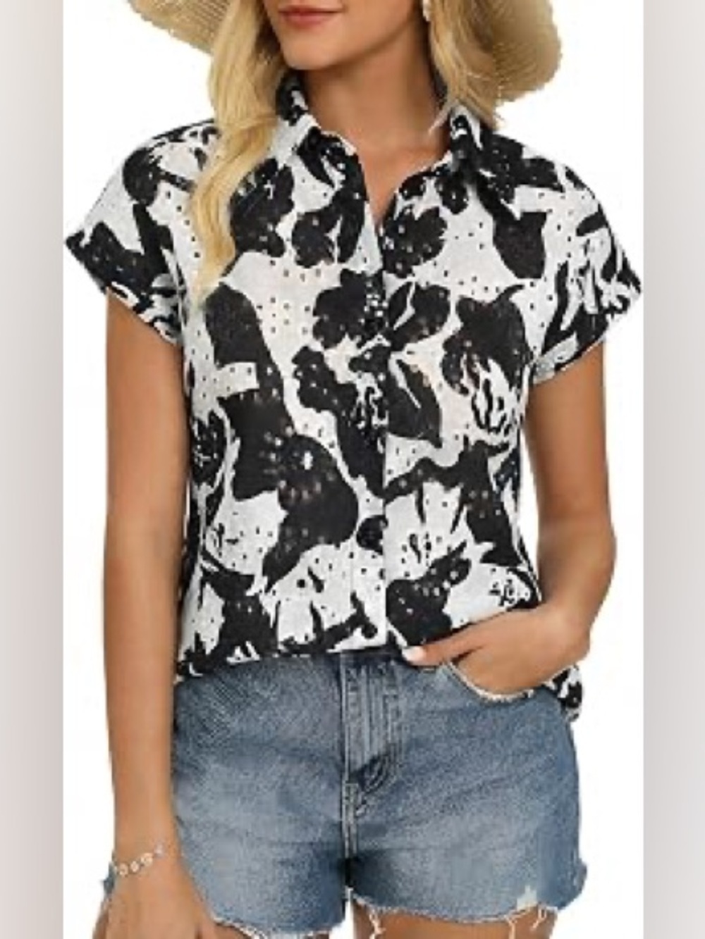NWT Grace Karin Eyelet Floral Button Front Blouse Black White, M